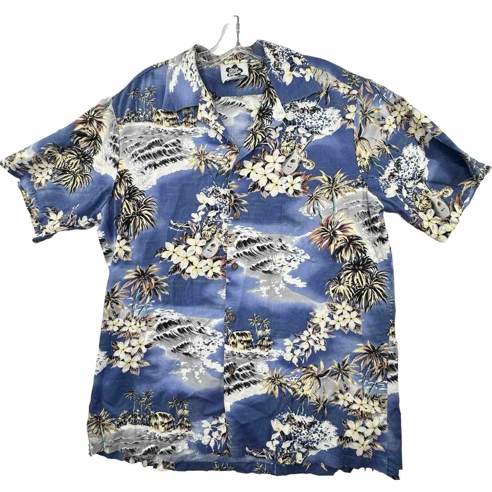 Hilo Hattie‎ Hawaiian Shirt Mens Large Blue Tropical Beach Scene Aloha Camp